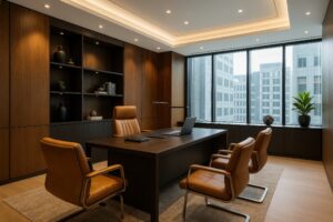 温かみのある木目調の社長室と革張りチェア
