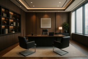 書棚と観葉植物が配置された落ち着いた役員室
