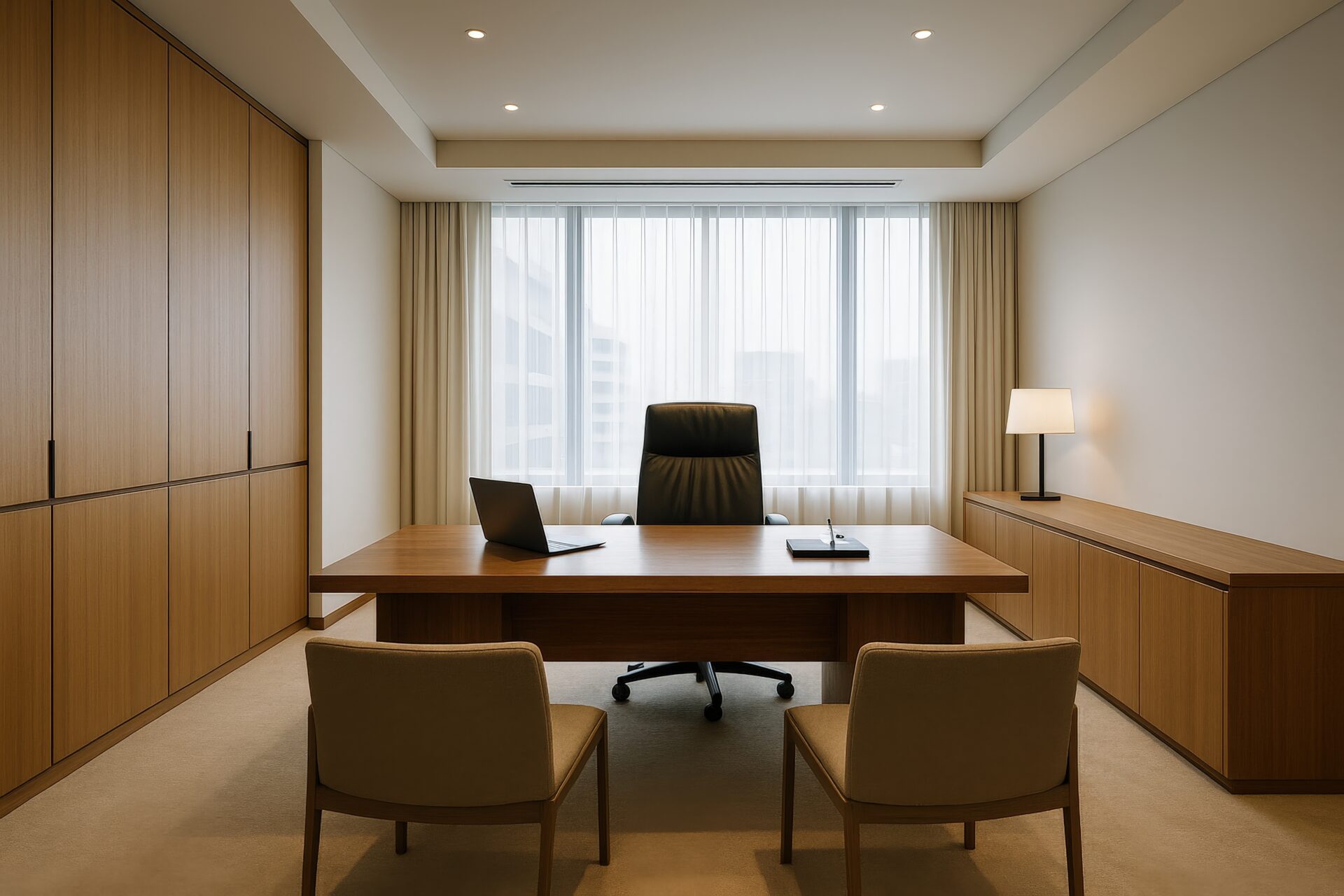 明るい木目の家具と柔らかな光が印象的な執務室