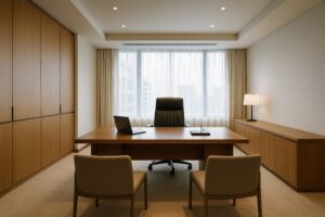 明るい木目の家具と柔らかな光が印象的な執務室