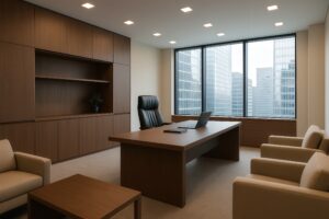 現代的で落ち着きのある木製家具の社長室