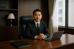 オフィスのデスクでスーツ姿のビジネスマンが座っている