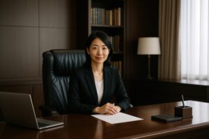 オフィスのデスクでスーツ姿のビジネスウーマンが座っている
