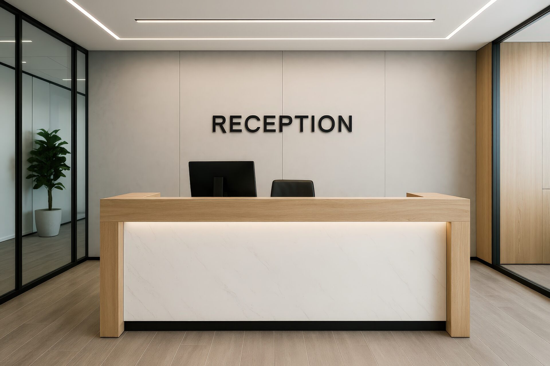 受付の背面に「RECEPTION」の文字があるモダンなオフィス
