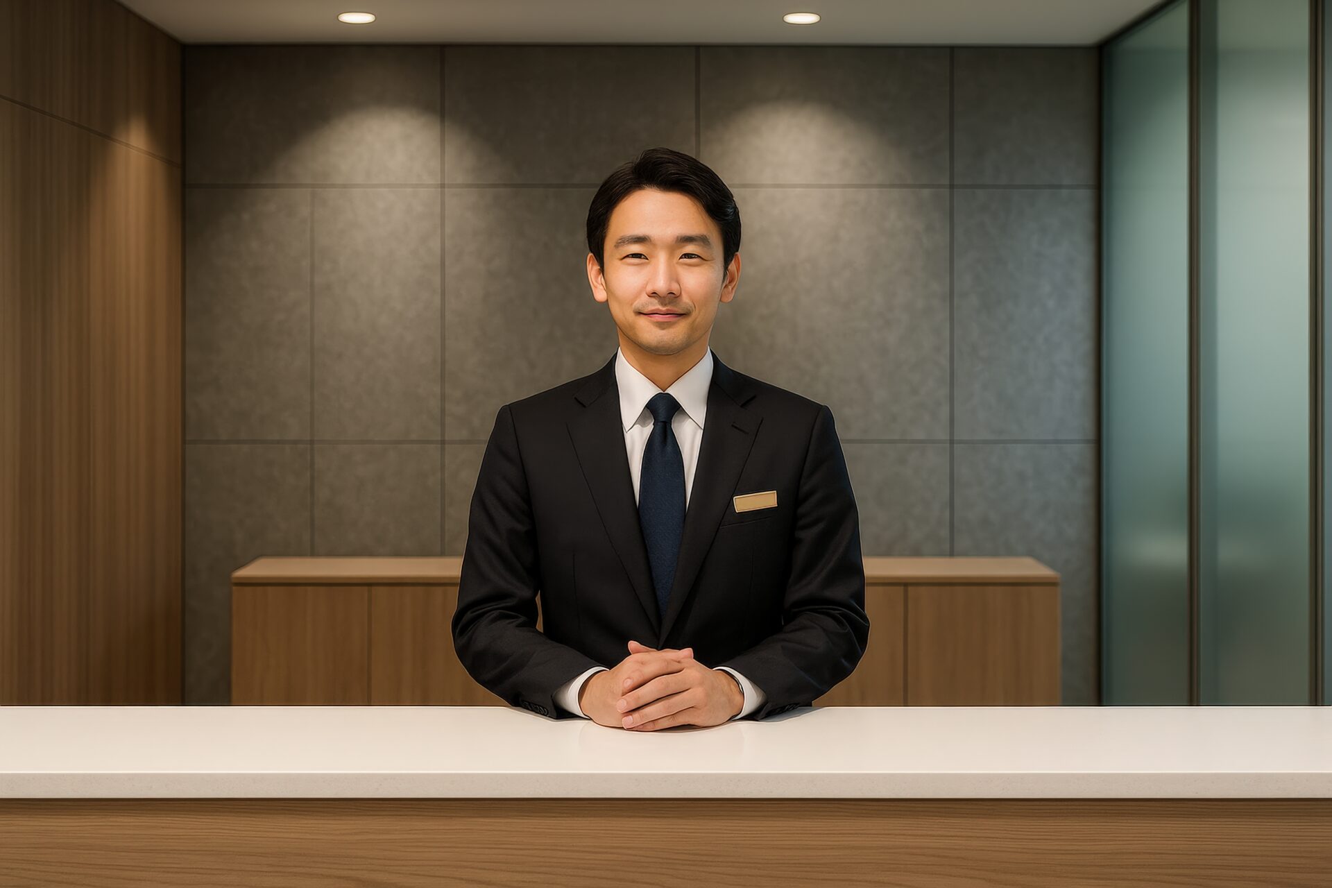 スーツ姿の受付スタッフがカウンターで対応している
