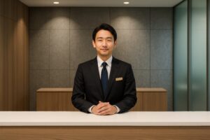 スーツ姿の受付スタッフがカウンターで対応している