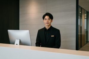 黒いスーツの受付スタッフがカウンターに立っている