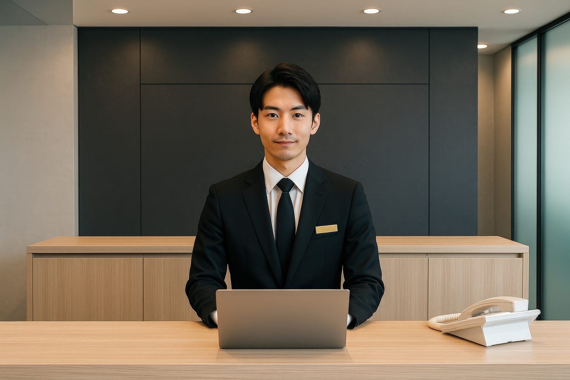 スーツ姿のフロントスタッフがパソコンの前に座っている