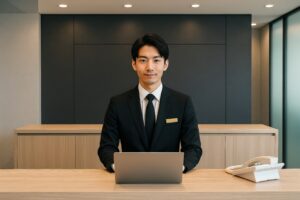 スーツ姿のフロントスタッフがパソコンの前に座っている