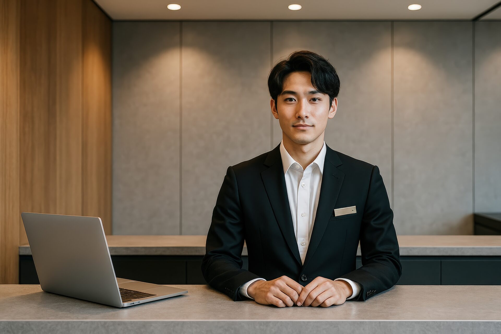 スーツ姿の受付スタッフがカウンターで業務を行っている