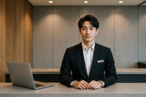 スーツ姿の受付スタッフがカウンターで業務を行っている