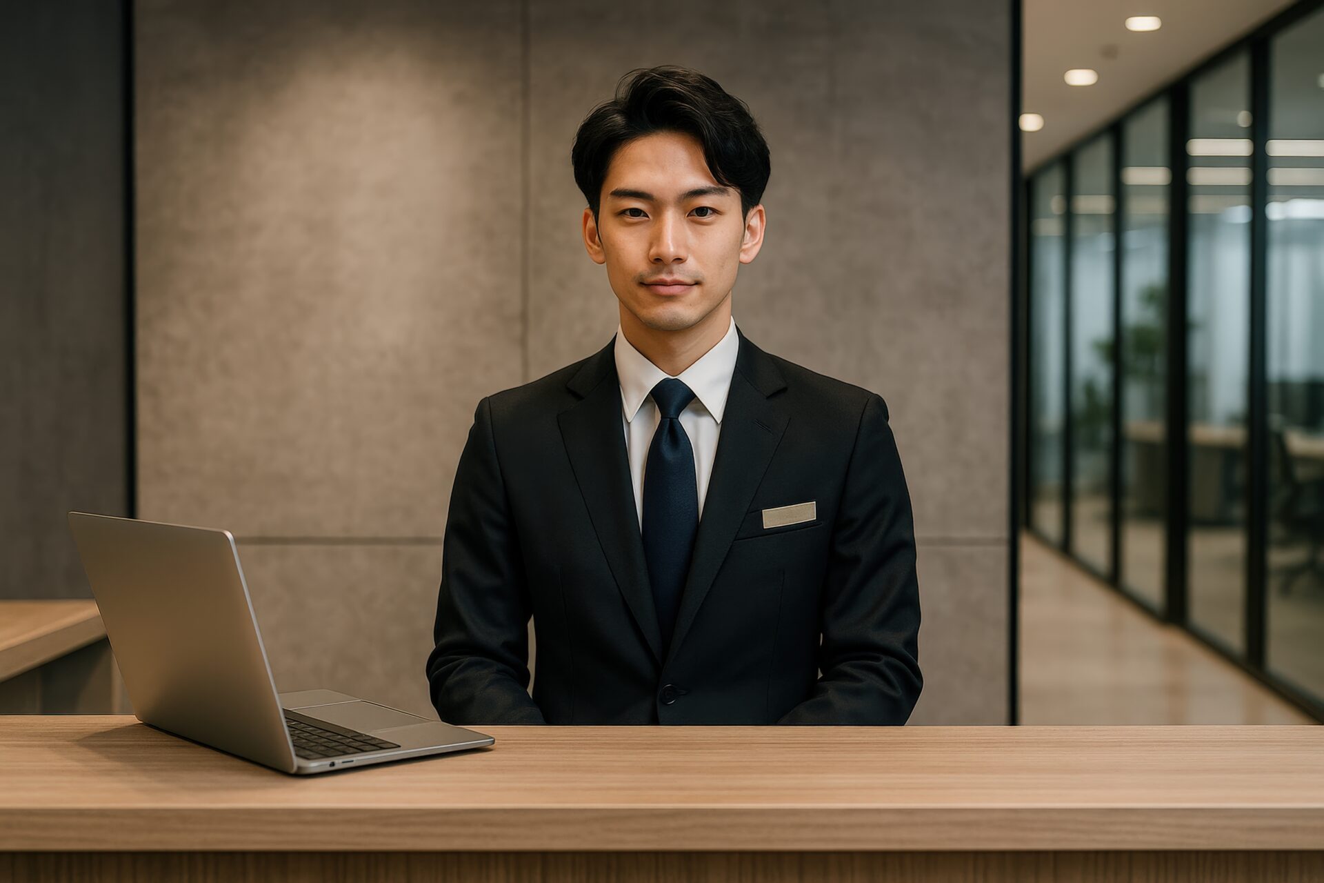受付カウンターに立つスーツ姿の若い男性