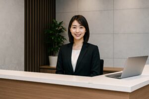 受付カウンターに座るビジネススーツの若い女性