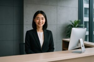 受付デスクで働く黒髪の若い女性