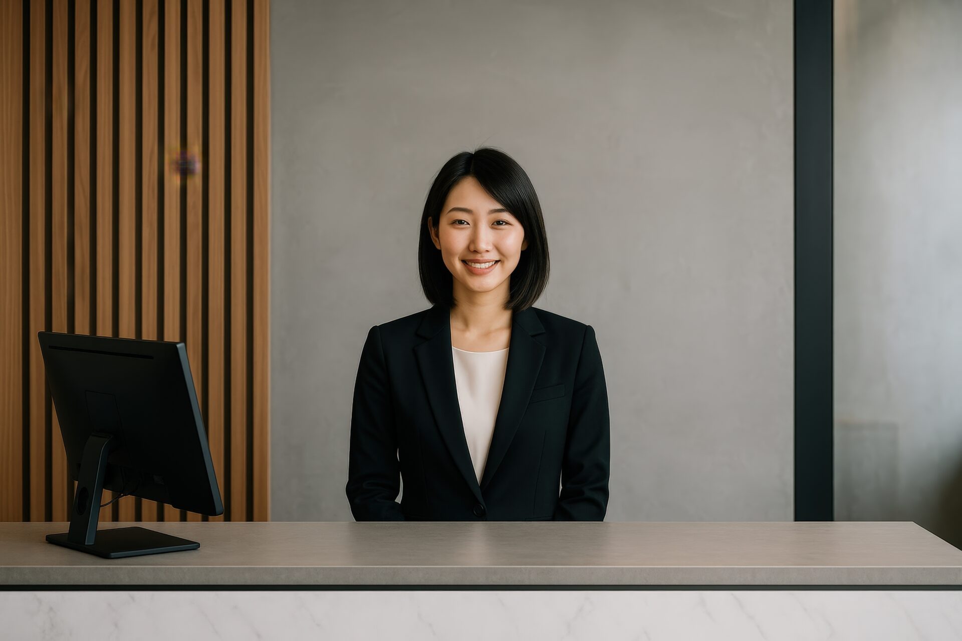 受付カウンターで対応するビジネススーツの若い女性