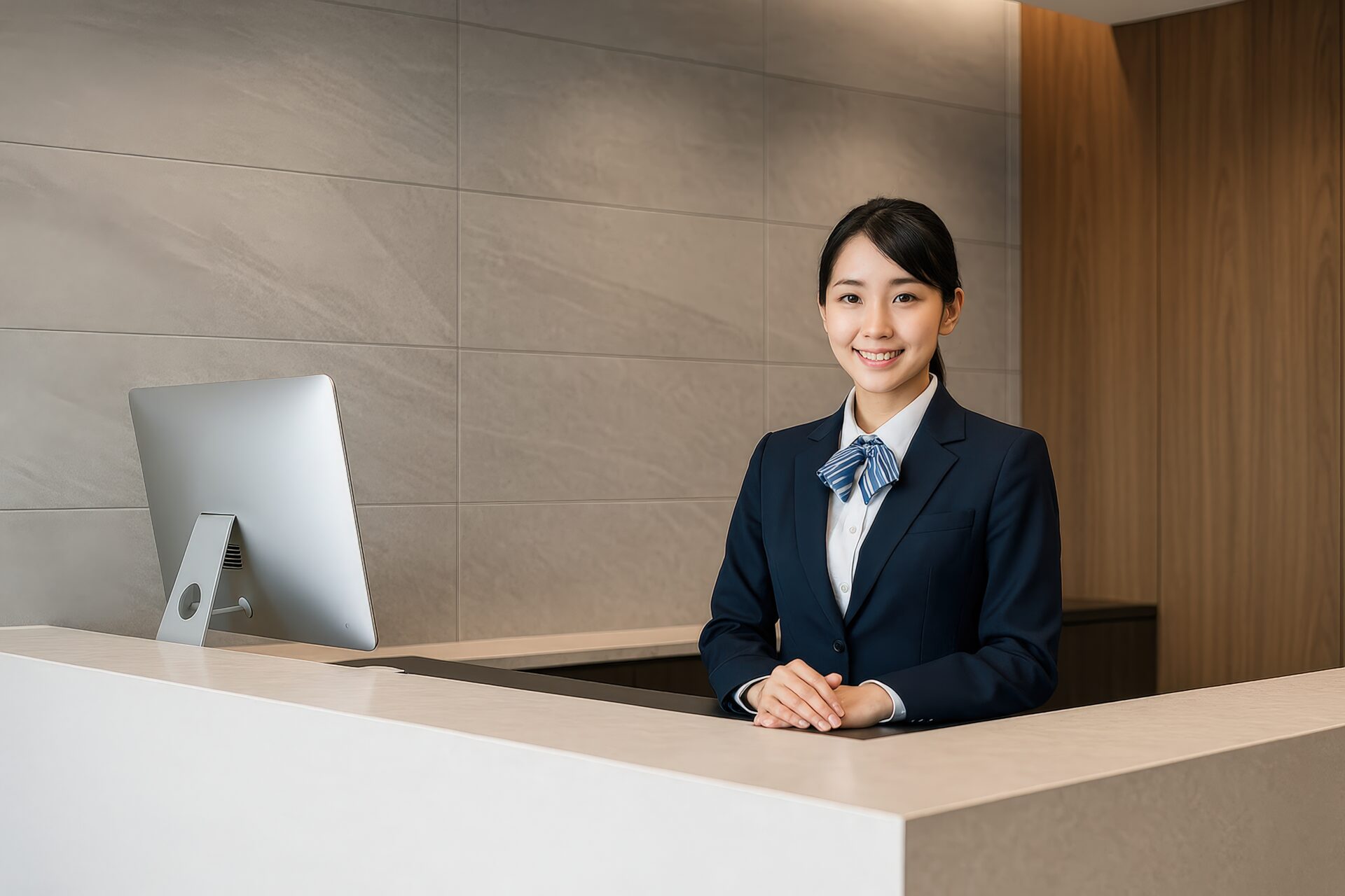 ホテル受付カウンターに立つネイビースーツの若い女性