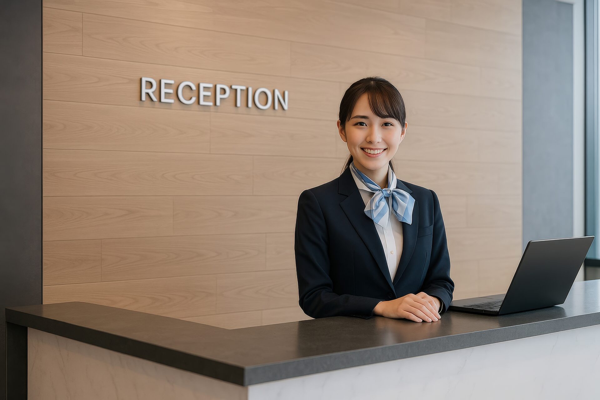 ホテル受付カウンターに立つ青いスカーフの若い女性