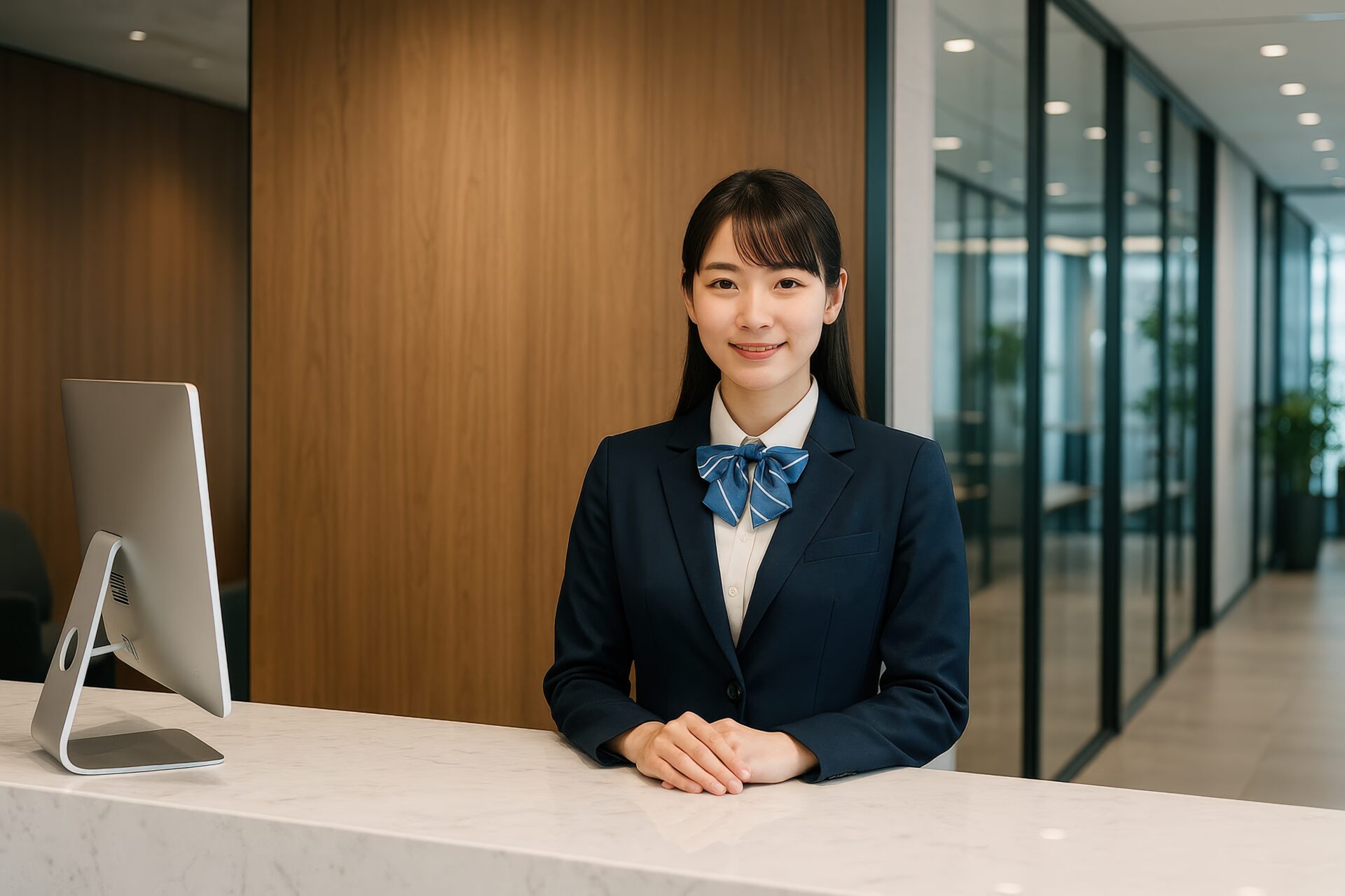 受付カウンターに立つダークブルースーツの若い女性