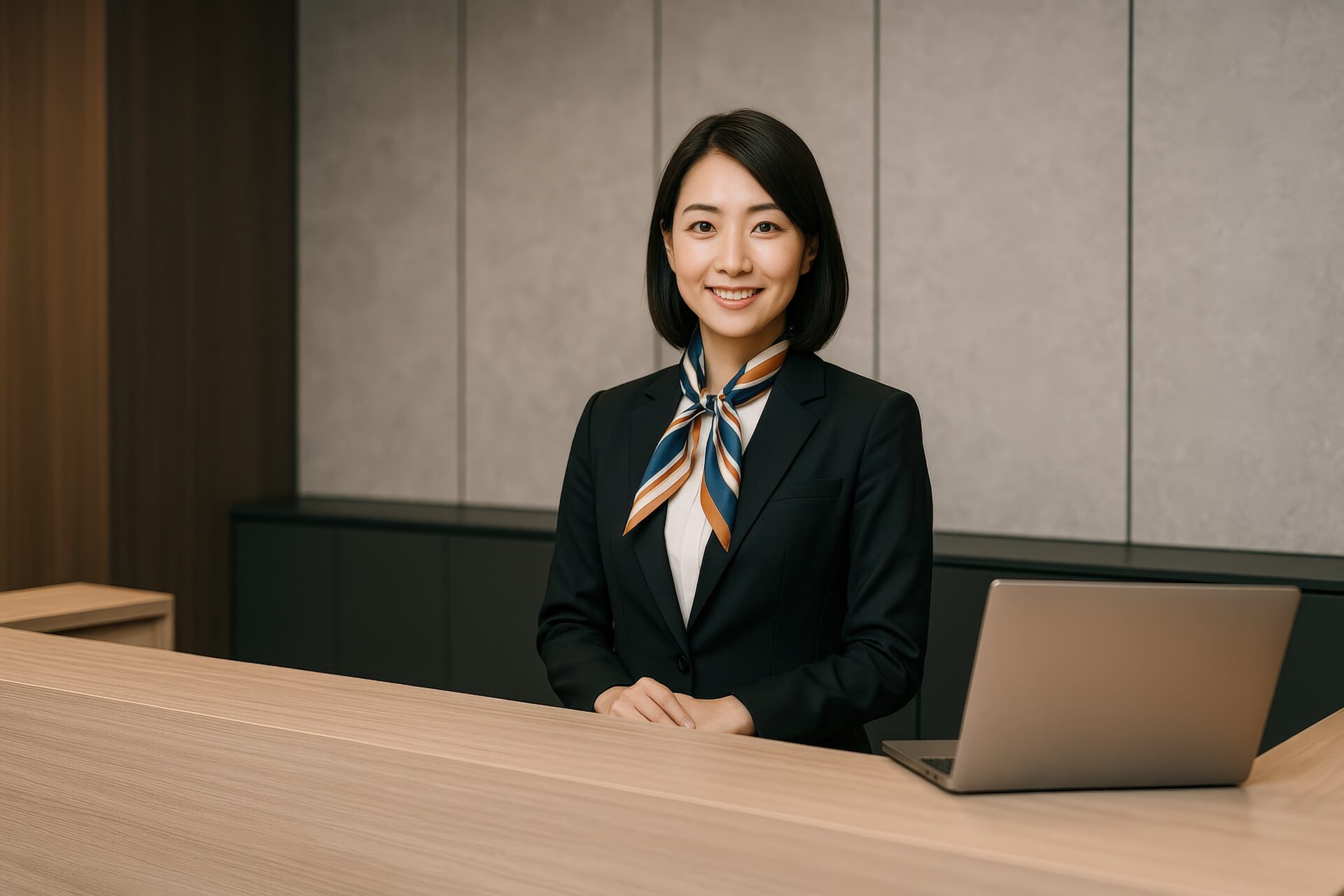 受付カウンターに立つストライプスカーフの若い女性