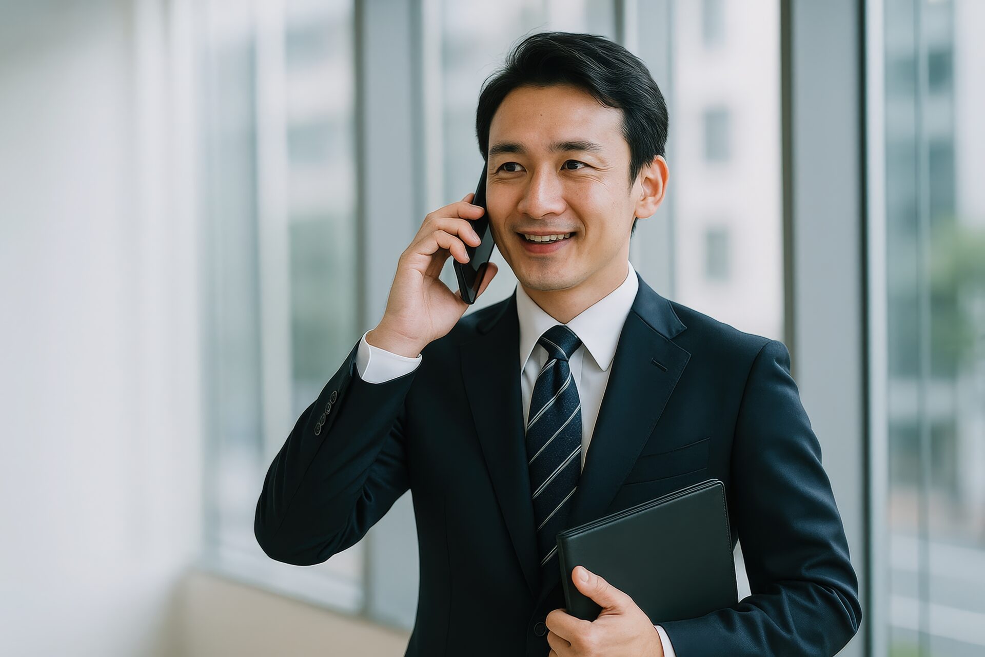 オフィスでスマートフォンで通話するスーツ姿のビジネスマン