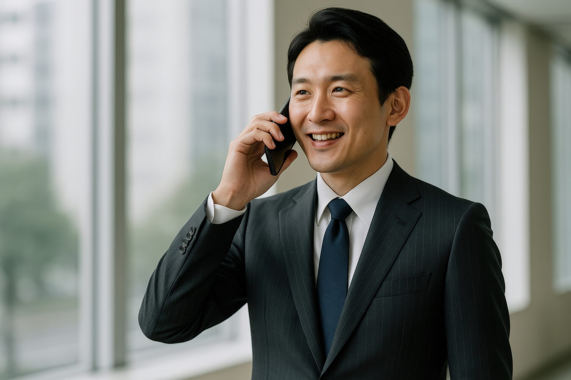 窓際でスマートフォンを使って会話するビジネスマン