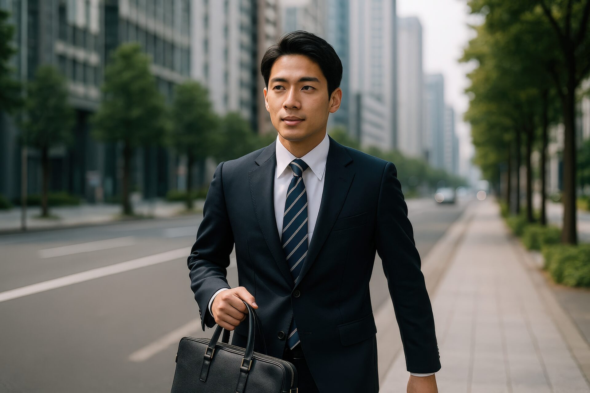 都会の通りを歩くスーツ姿のビジネスマン