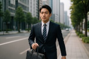 都会の通りを歩くスーツ姿のビジネスマン