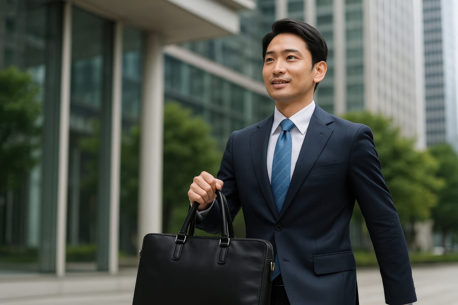 オフィスビル街を歩く若いビジネスマン