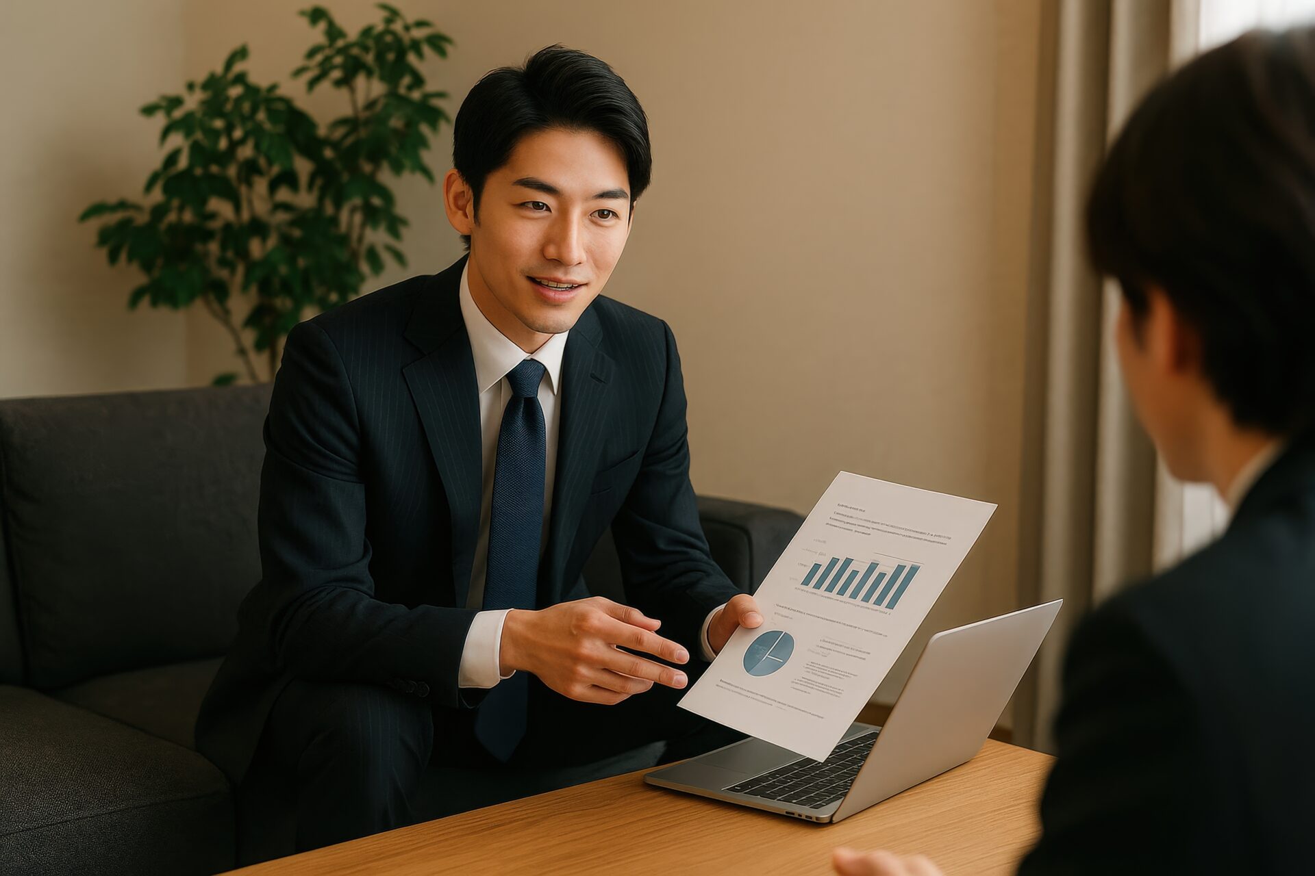 グラフ資料を提示しながら説明するビジネスマン