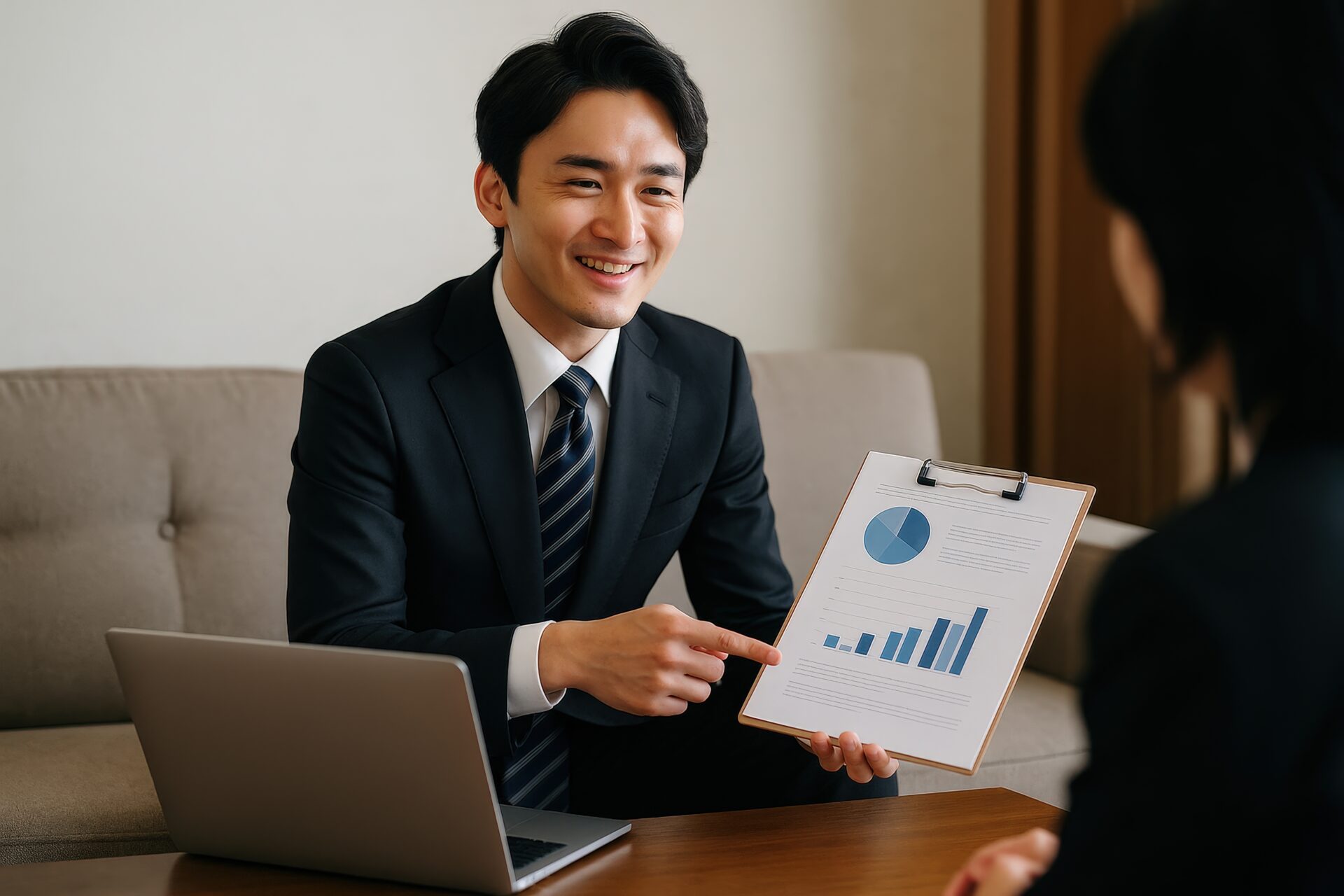 グラフ資料をクリップボードで提示する営業マン