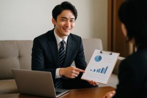 グラフ資料をクリップボードで提示する営業マン