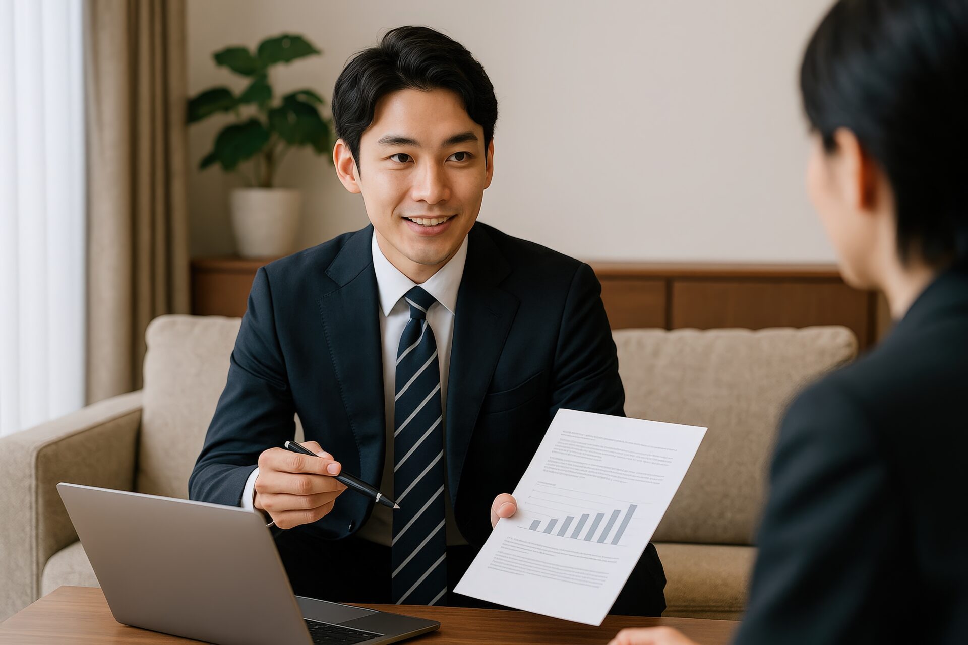 資料を示しながら提案する営業マン