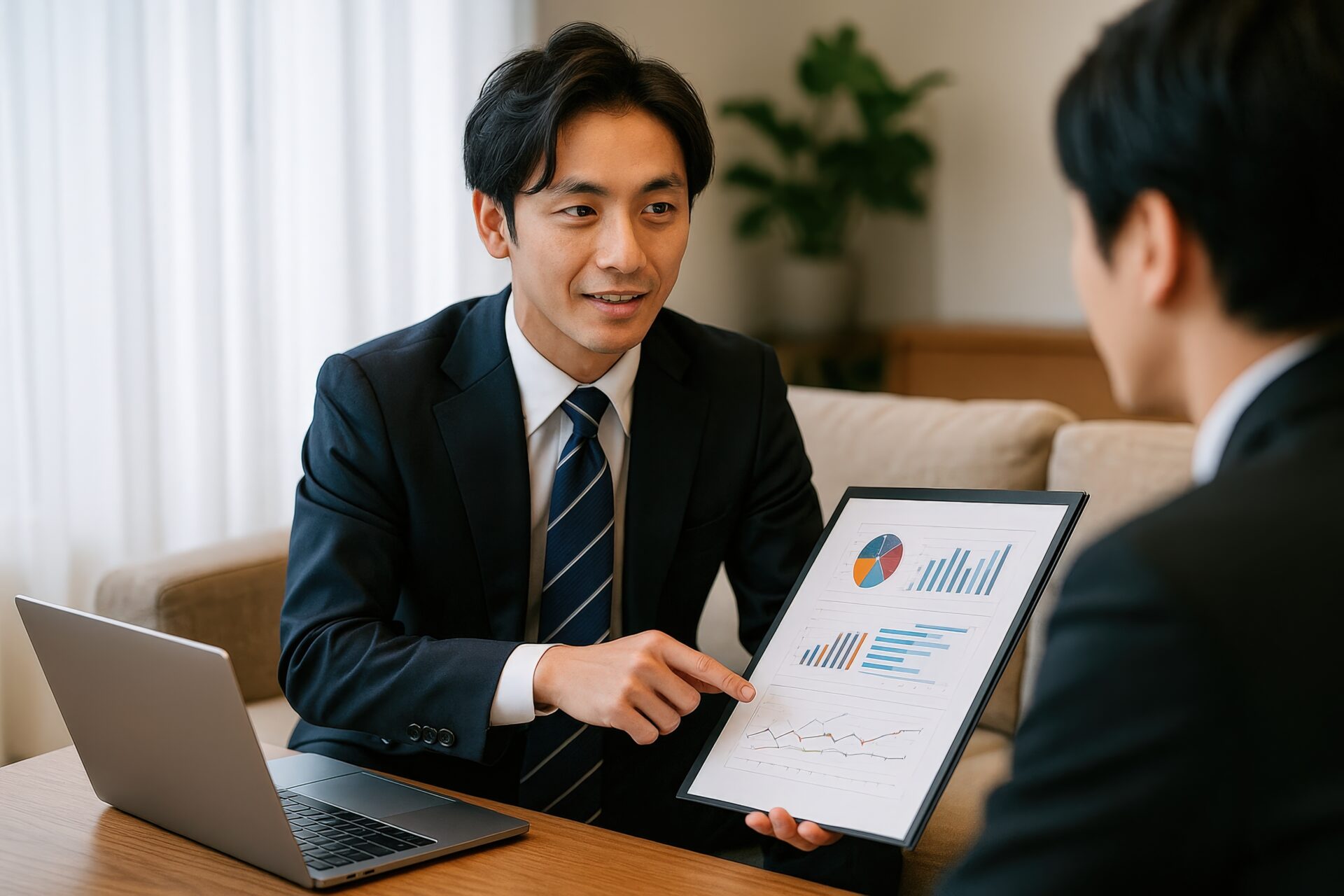 グラフ付き資料を提示して説明する営業マン