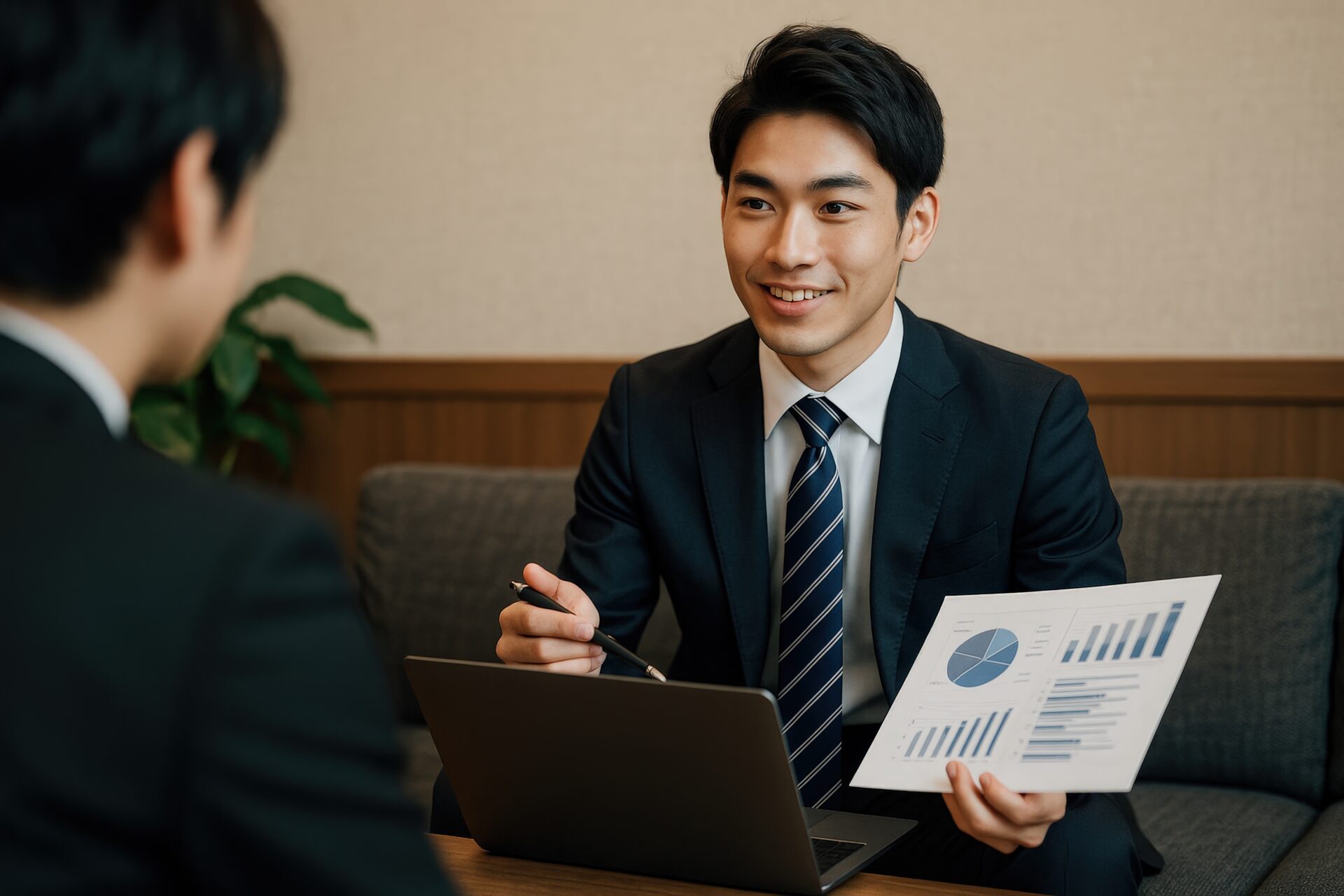 統計資料を見せながら提案する営業マン