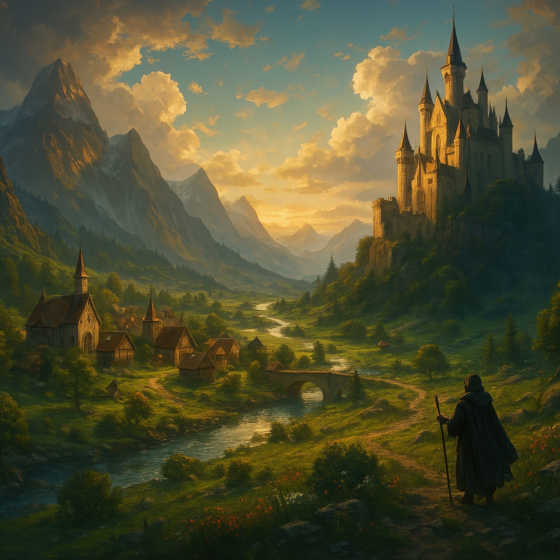 山間の村と巨大な城を望む冒険者