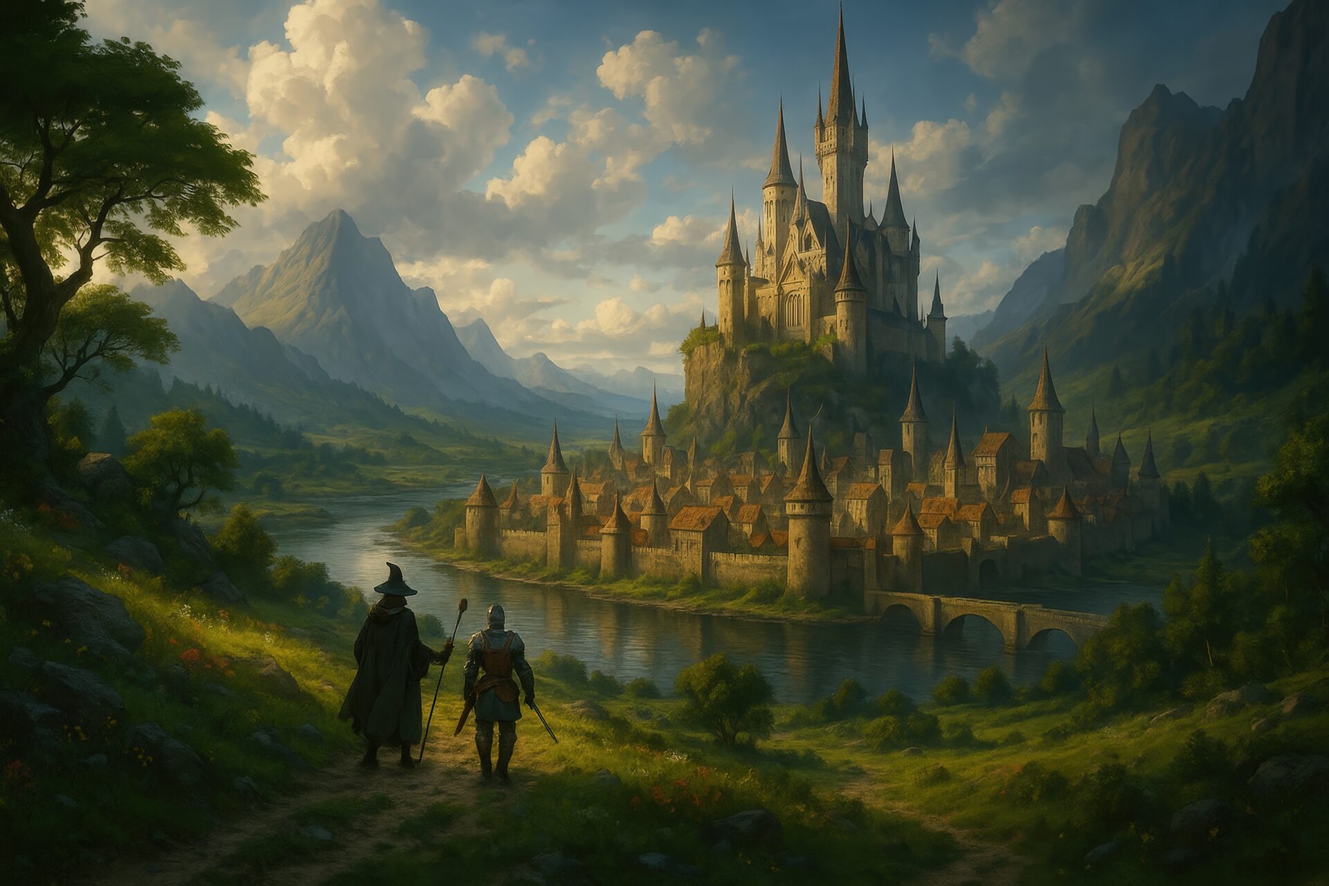 川沿いの大きな城塞都市と旅人