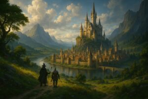 川沿いの大きな城塞都市と旅人