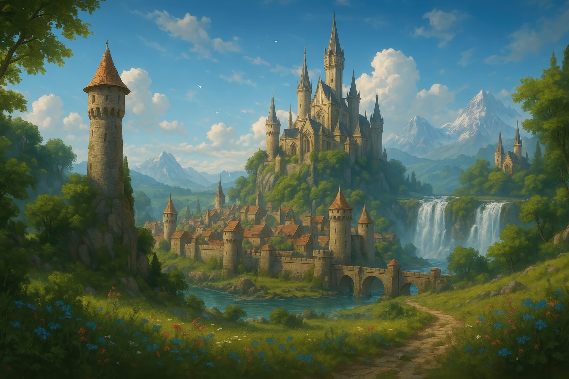 滝と山に囲まれた幻想的な城塞都市