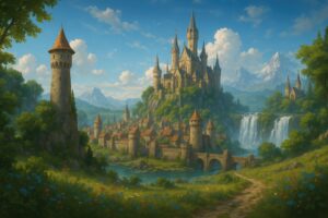 滝と山に囲まれた幻想的な城塞都市