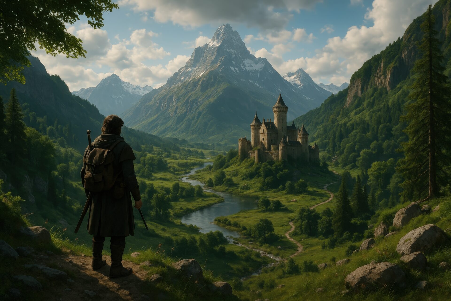 山の谷に佇む城と旅立つ冒険者