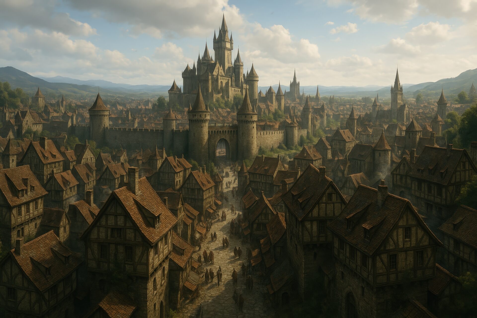 城郭都市を見下ろす中世の町並み