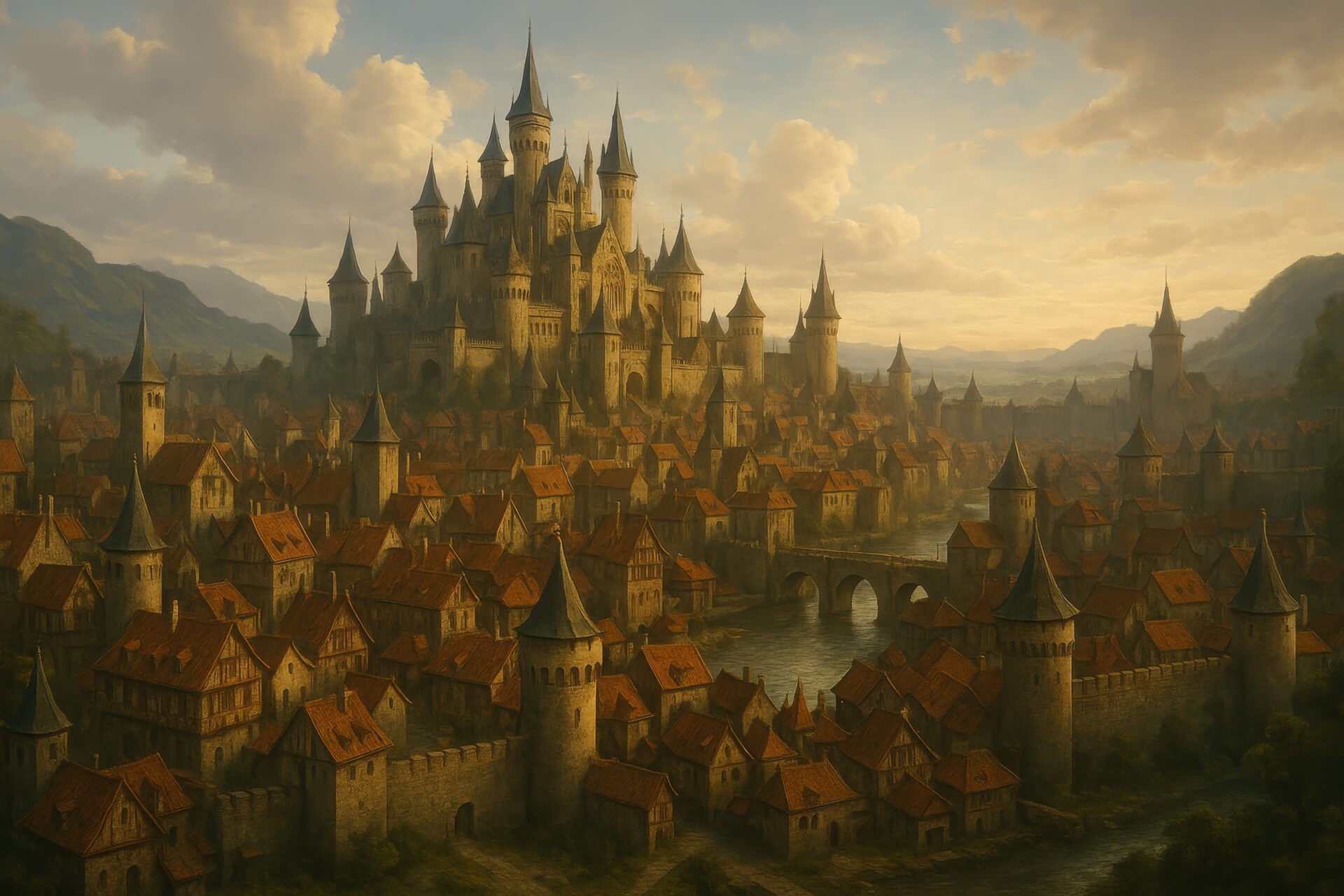 夕暮れに照らされた巨大な城と町並み