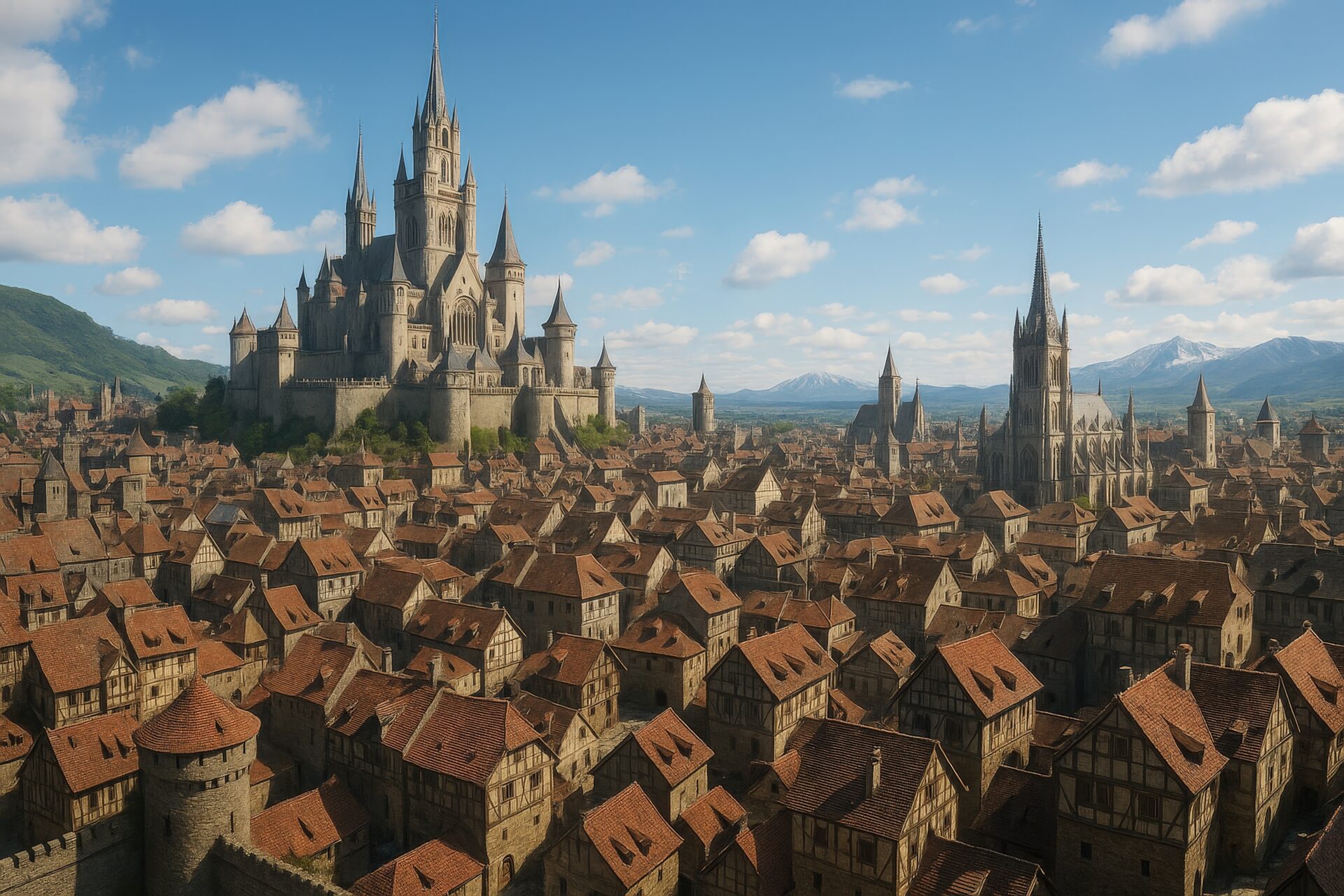 青空の下の壮大な城と広がる都市