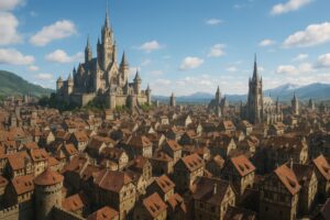 青空の下の壮大な城と広がる都市