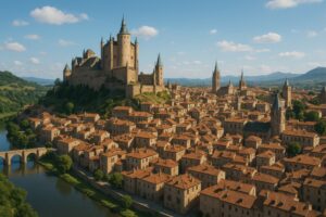 丘の上に建つ壮大な城と中世の街並み