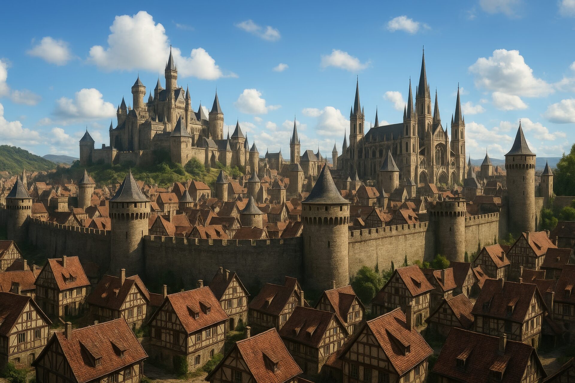 城壁に囲まれた大聖堂と城と木造の家々