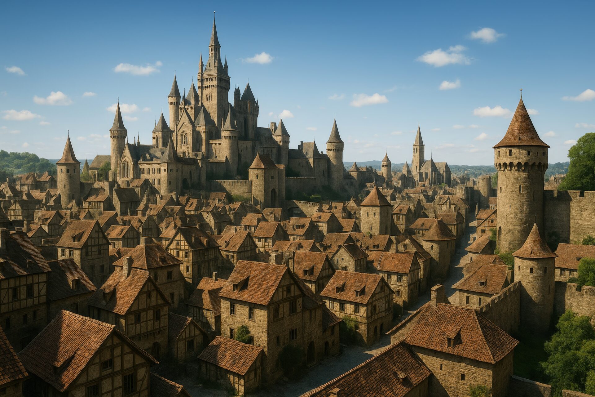 塔が連なる壮麗な城と石造りの街