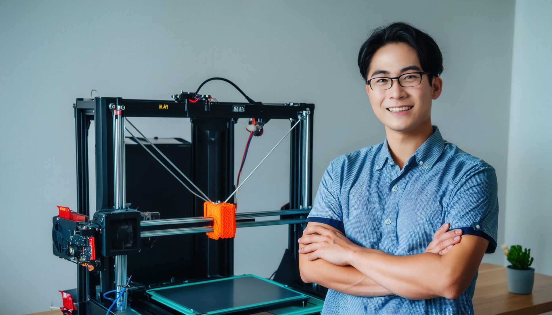 3Dプリンターと青いシャツの男性