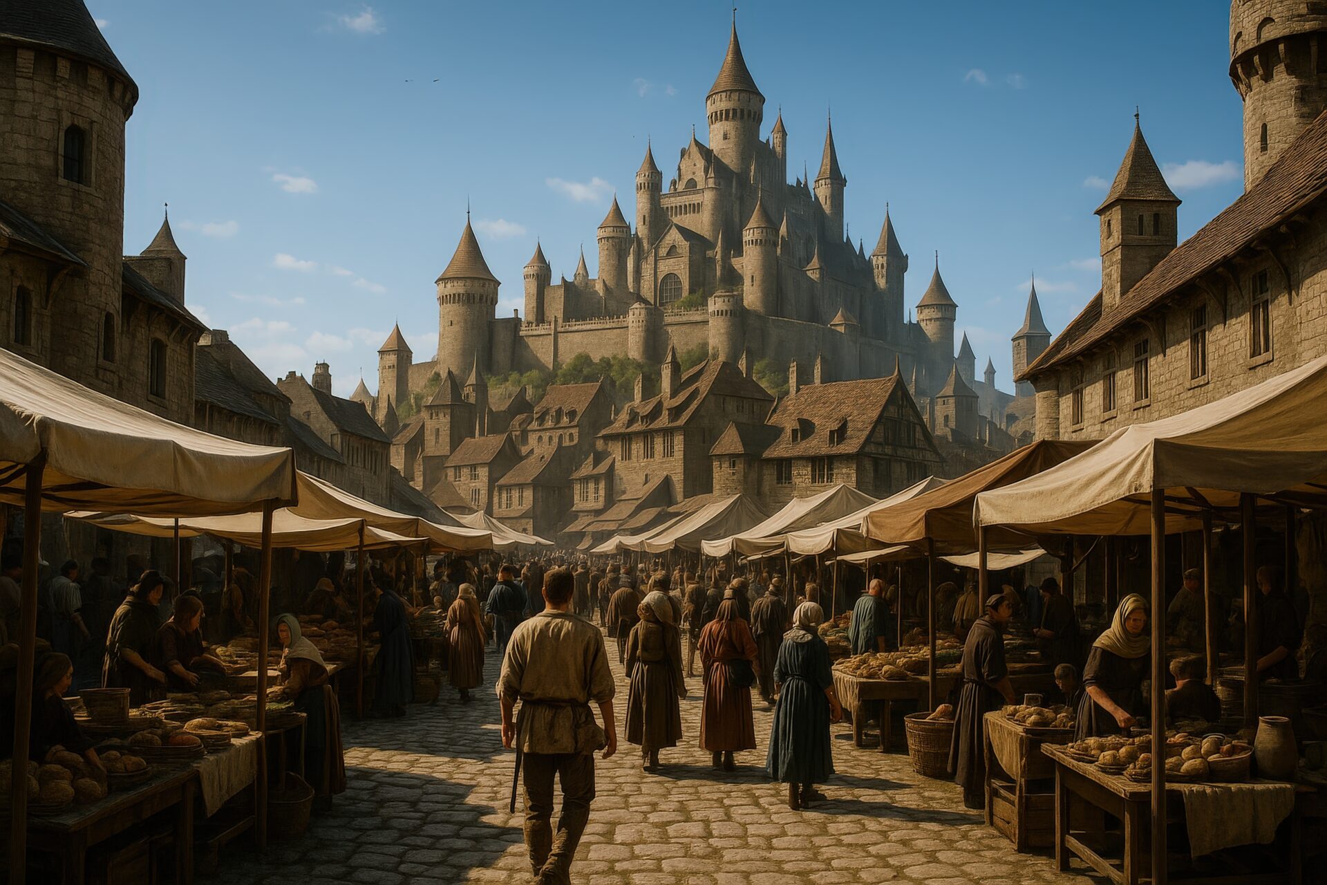 城を背景にした中世のにぎやかな市場