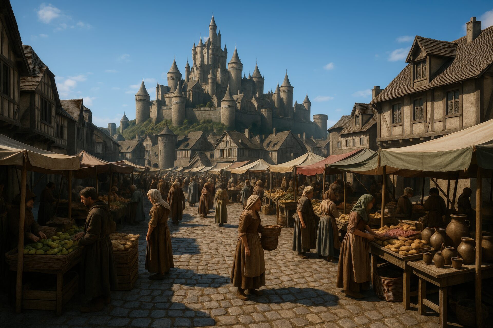 城と石畳の市場で買い物をする人々